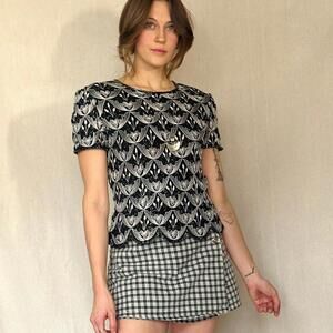 90s Silk Embroidered and Beaded Black Blouse